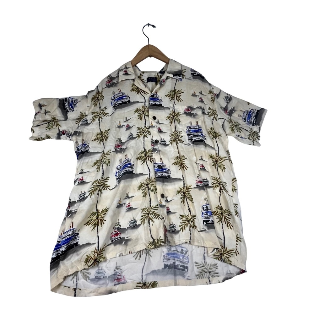 OCI Old College Inn Vintage Car Palm Tree Rayon Hawaiian Camp Shirt Mens M